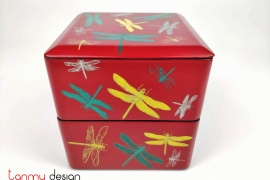 2-tier square red box with hand painted dragonfly 12xH12cm